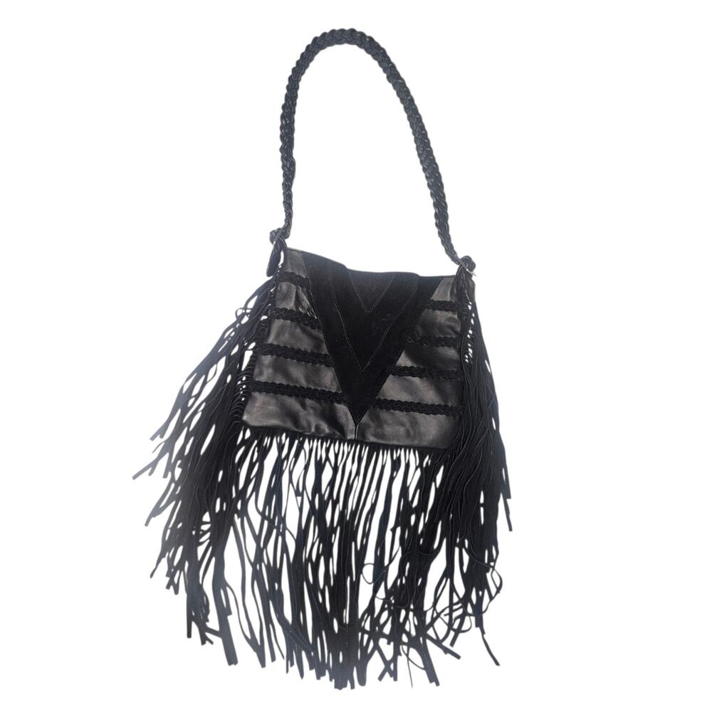 EMBER SKYE Black Leather & Braided Suede Fringed Crossbody Shoulder Bag